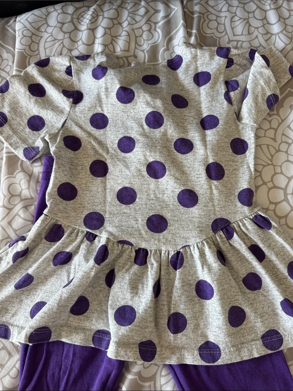 Little Girls Purple Polka Dot Tunic & Purple Lace Trim Legging Set